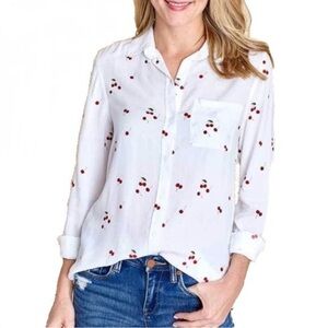 Beachlunchlounge White and Red Cherry Casual Button Down Shirt